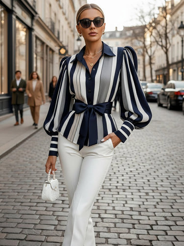 Elasticated Waist High Waisted Belted Bow-Embellished Buttoned Contrast Color Split-Joint Striped Lapel Blouses&Shirts Tops