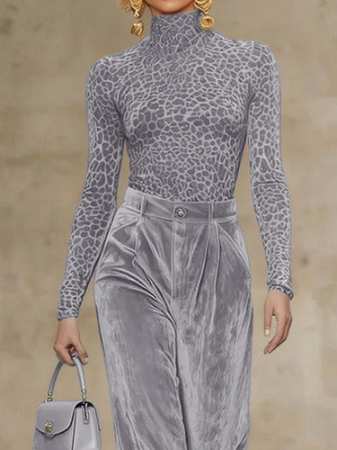 Long Sleeves Skinny Leopard High Neck T-Shirts Tops