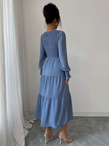 1731558 Elasticated Waist High Waisted Pleated Solid Color Split-Joint Round-Neck Midi Dresses