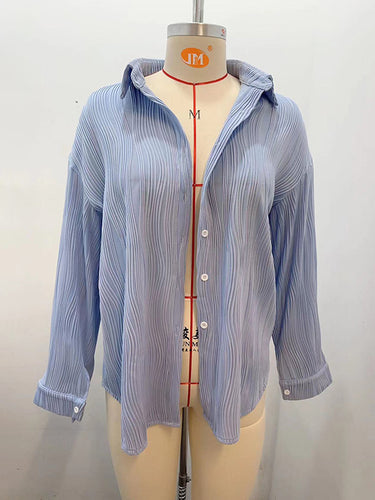 1442241 Long Sleeves Buttoned Jacquard Pleated Solid Color Blouses&Shirts Tops