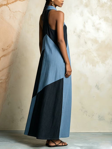 1785062 A-Line Loose Contrast Color Pockets Split-Joint Zipper Halter-Neck Maxi Dresses