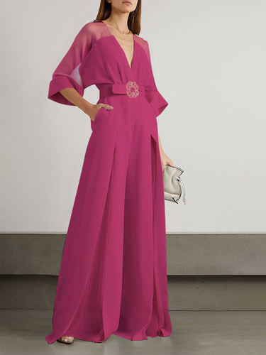 1656628 Effen kleur split-front contrasterende kleur gebonden taille hoog getailleerde V-hals jumpsuits