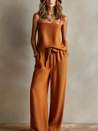 1783293 Loose Plus Size Pockets Solid Color Tied Spaghetti-Neck Vest Top + Pants Bottom Two Pieces Set
