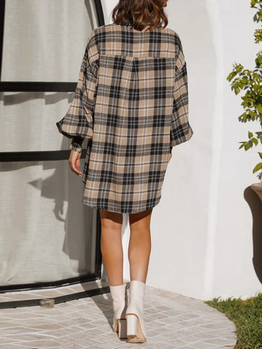 1775907 Long Sleeves Loose Buttoned Plaid Pleated Lapel Blouses&Shirts Tops