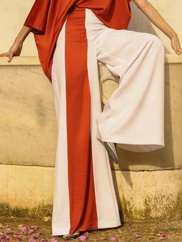 1464000 Batwing Sleeves Half Sleeves Solid Color Top + Contrast Color Wide Leg Pants Two Pieces Set