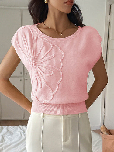 1744587 Short Sleeves Flower-Embellished Solid Color Split-Joint One-Shoulder Sweater Tops