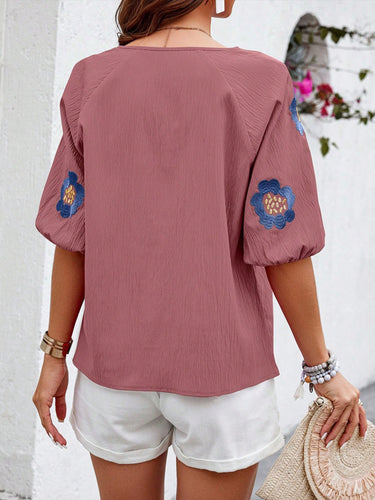 1780456 Half Sleeves Loose Contrast Color Embroidered Tied V-Neck Blouses&Shirts Tops