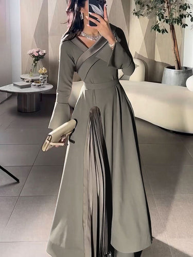 A-Line Wrap Pleated Solid Color Split-Joint V-Neck Maxi Dresses Uoozee official A-Line Wrap Pleated Solid Color Split-Joint V-Neck Maxi Dresses Uoozee official
