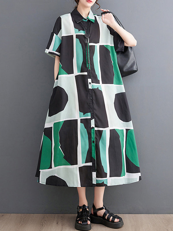 Loose Seven-Quarter Sleeves Contrast Color Round-Neck Midi Dresses