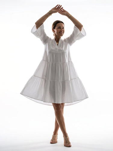 1786702 Flared Sleeves Loose Pleated Solid Color Split-Joint V-Neck Midi Dresses