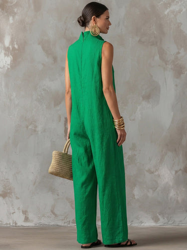1781497 Loose Sleeveless Buttoned Pockets Solid Color Stand Collar Jumpsuits