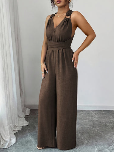 1766680 High Waisted Sleeveless Backless Solid Color Tied Spaghetti-Neck Jumpsuits