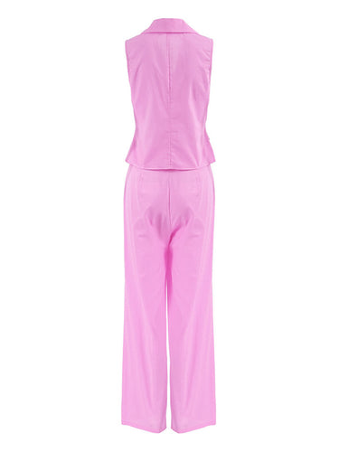 1783993 Loose Sleeveless Buttoned Elasticity Pleated Solid Color Lapel Pants Trousers Two Pieces Set Vest Top