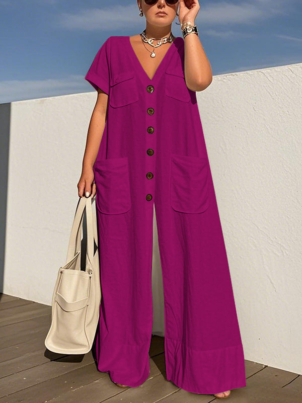Long Sleeves Loose Buttoned No Belt Solid Color V-Neck Jumpsuits