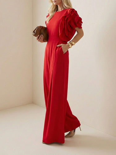 Loose Short Sleeves Falbala Solid Color Round-Neck Jumpsuits