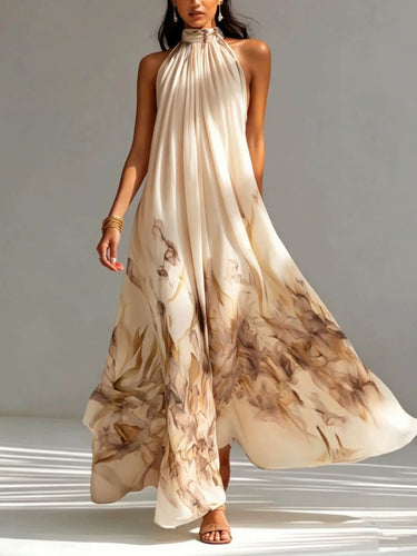 1785438 Loose Sleeveless Flower Print Pleated Pockets Halter-Neck Maxi Dresses