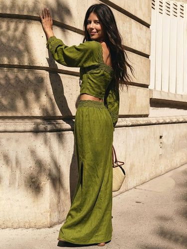 1788918 Split-side Solid Color Backless Long Sleeves High Waisted Square-neck Two Pieces Set Skirts Bottoms + Blouses&shirts Tops