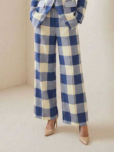 Loose Wide Leg Contrast Color Elasticity Plaid Pockets Pants Trousers