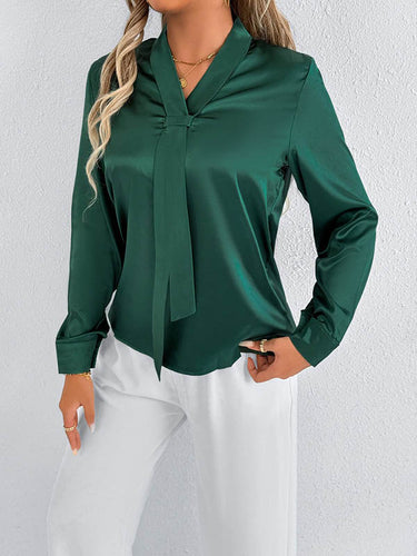 1728962 Long Sleeves Loose Solid Color Split-Joint Streamer Scarf Collar Blouses&Shirts Tops