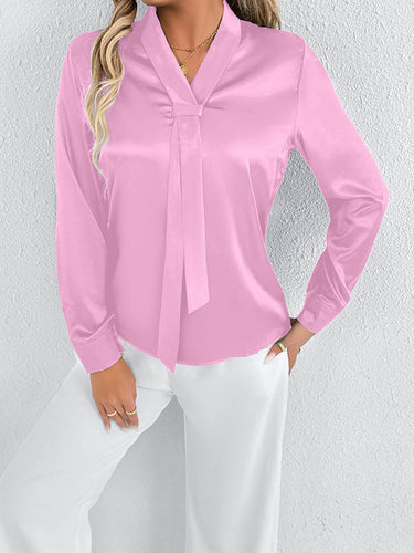 1728990 Long Sleeves Loose Solid Color Split-Joint Streamer Scarf Collar Blouses&Shirts Tops