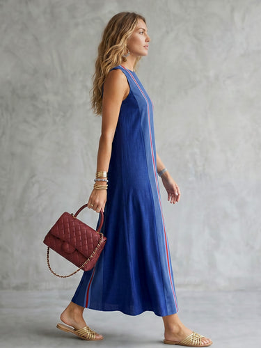 1785004 Loose Sleeveless Contrast Color Striped Round-Neck Midi Dresses