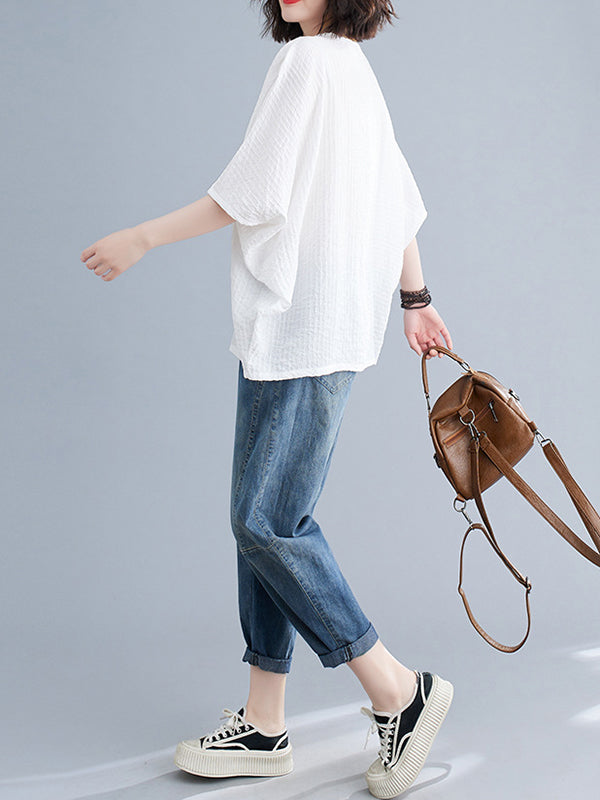 Loose Black Solid Cozy Cotton T Shirts Batwing Sleeve TD025 main image 0
