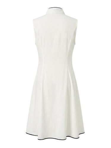 1772898 A-Line High Waisted Pockets Solid Color Zipper Stand Collar Midi Dresses