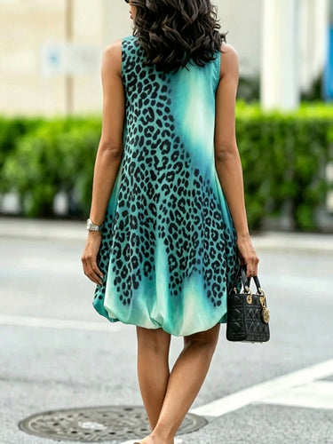 1781564 A-Line Loose Asymmetric Contrast Color Elasticity Leopard Printed Round-Neck Mini Dresses