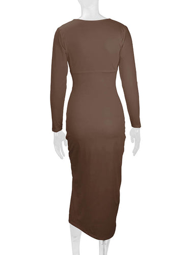 1726411 Bodycon Elasticated Waist Pleated Solid Color Split-Joint Split-Side Deep V-Neck Midi Dresses