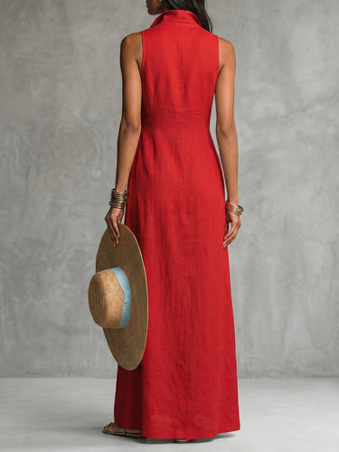 1772720 A-Line High Waisted Buttoned Pockets Solid Color Lapel Maxi Dresses Shirt Dress