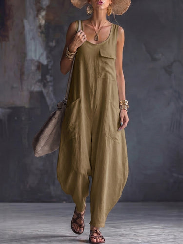1781488 Loose Sleeveless Pockets Solid Color Square-Neck Jumpsuits