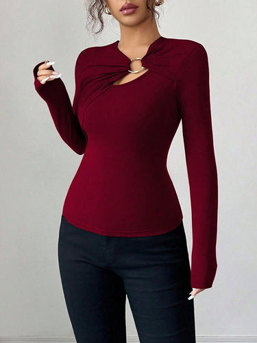 1715893 Long Sleeves Skinny Solid Color Split-Joint Asymmetric Collar T-Shirts