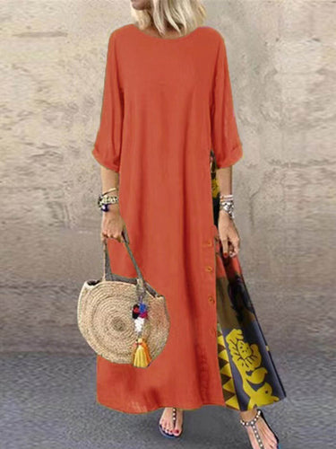 1782330 Loose Plus Size Buttoned Contrast Color Printed Split-Joint Round-Neck Midi Dresses