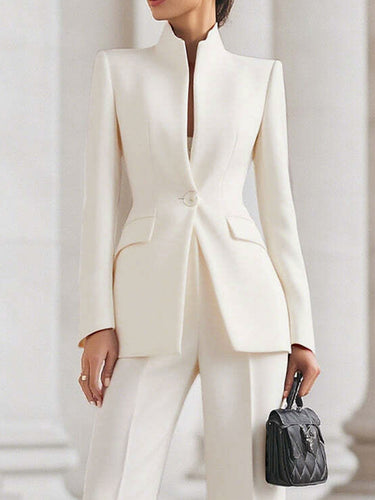 1712194 Long Sleeves Buttoned Pockets Solid Color Stand Collar Blazer Outerwear