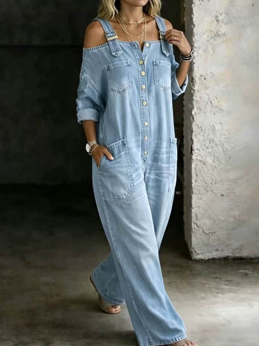 1782313 Long Sleeves Loose Buttoned Pockets Solid Color Adjustable Straps Overalls