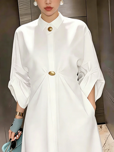 1782996 Loose Puff Sleeves Buttoned Pleated Pockets Solid Color Lapel Mini Dresses