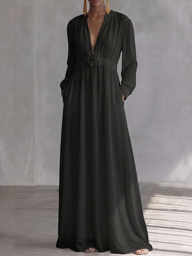 1784426 High Waisted Long Sleeves Elasticity Pleated Pockets Solid Color Three-Dimensional Flower V-Neck Maxi Dresses