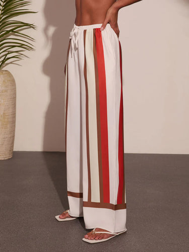 1784973 High Waisted Wide Leg Contrast Color Drawstring Elasticity Pockets Pants Trousers