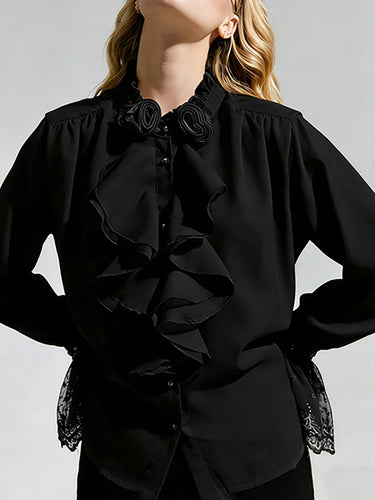 1753708 Long Sleeves Ruffle Sleeves Buttoned Pleated Ruffled Solid Color Split-Joint Stand Collar Blouses&Shirts Tops
