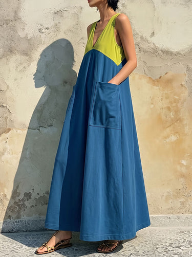 1788191 Split-Joint Pockets Contrast Color Sleeveless Loose V-neck Maxi Dresses