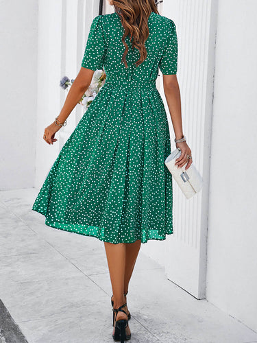 1746066 A-Line Elasticated Waist Contrast Color Polka Dot Split-Joint Tied Waist Round-Neck Midi Dresses