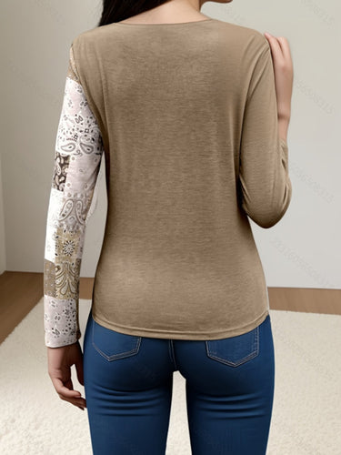 1722477 Irregularity Long Sleeves Asymmetric Buckle Contrast Color Pleated Split-Joint Round-Neck T-Shirts Tops