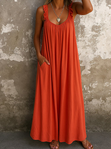 1682381 A-Line Loose Pleated Ruffled Split-Joint U-Neck Maxi Dresses