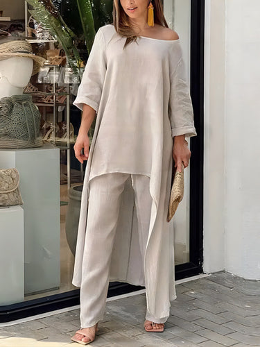 1780462 Asymmetric Solid Color High Waist High-Low Round-Neck Tops + Wide Leg Pants Bottoms Two Pieces Set