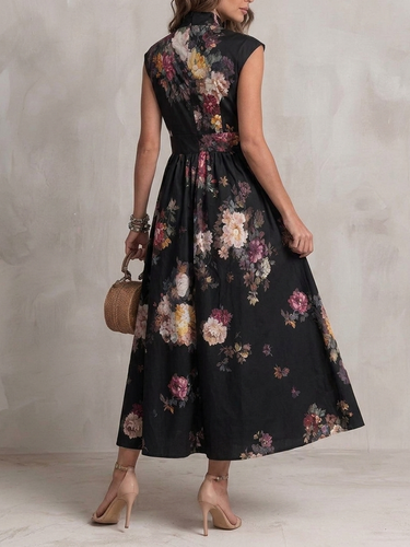 1789980 Split-Joint Pockets Pleated Hollow Flower Print Sleeveless A-line Stand Collar Maxi Dresses