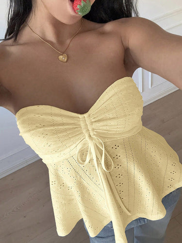 1752124 Skinny Sleeveless Backless Hollow Pleated Solid Color Split-Joint Tied Tube Vest Top