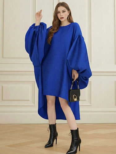 1743055 Batwing Sleeves High-Low Pleated Solid Color Split-Joint Round-Neck Midi Dresses