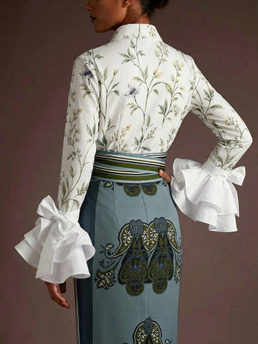 1782508 Long Sleeves Ruffle Sleeves Buttoned Flower Print Lapel Blouses&Shirts Tops