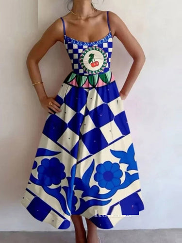 1751255 Elasticated Waist High Waisted Contrast Color Pleated Printed Split-Joint Spaghetti-Neck Midi Dresses