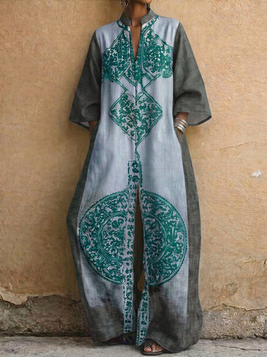 Loose Three-Quarter Sleeves Contrast Color Ethnic Printed Pockets V-Neck Jumpsuits